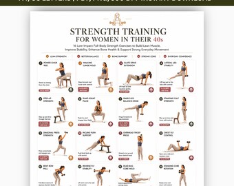 Treinamento de força para mulheres na faixa dos 40 anos (PDF para imprimir) | 16 exercícios com halteres para iniciantes | Tabela de treino para o corpo todo | Download digital instantâneo