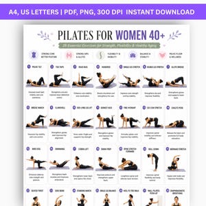 Pilates-schema voor vrouwen van 40+ (printbaar), 16 oefeningen voor het hele lichaam met lage impact, Pilates-trainingsschema voor beginners, fitnessposter voor core en mobiliteit (PDF)