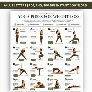 Yoga Poses for Weight Loss Printable, Beginner Yoga Asanas, Full Body Workout Chart PDF, Daily Stretching & Flexibility Poster