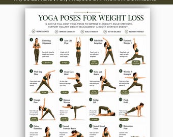 Posturas de ioga para emagrecimento para imprimir, asanas de ioga para iniciantes, tabela de exercícios para o corpo todo em PDF, pôster diário de alongamento e flexibilidade.
