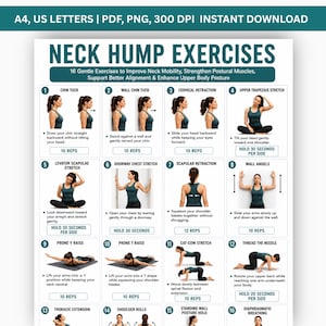 May include: A digital chart titled NECK HUMP EXERCISES featuring 16 numbered instructional panels with illustrations of a person performing movements. The text includes A4, US LETTERS, PDF, PNG, 300 DPI, and descriptions for each exercise.
