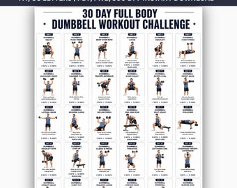 30 Days Full Body Dumbbell Workout Printable PDF, Beginner Dumbbell Exercise Plan, Strength Training Chart,Home Gym Fitness Poster