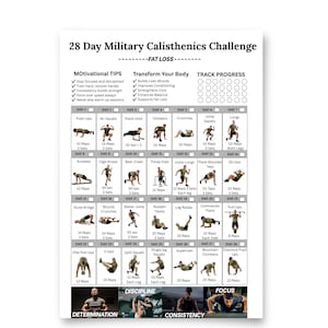 Puede incluir: Un gráfico blanco de desafío de calistenia militar de 28 días para la pérdida de grasa. Incluye consejos motivacionales, objetivos de transformación corporal, un rastreador de progreso y un horario diario con ejercicios, repeticiones y series.