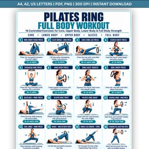Può includere: Un grafico di allenamento digitale intitolato Pilates Ring Full Body Workout che presenta 16 illustrazioni di esercizi numerate con istruzioni e ripetizioni. Il poster blu e bianco mostra vari movimenti utilizzando un anello pilates nero.