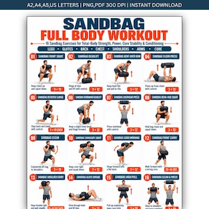 May include: A digital poster titled SANDBAG FULL BODY WORKOUT featuring 16 numbered exercise illustrations. Each section displays a person performing a specific sandbag movement with instructional text, red arrows indicating motion, and repetition counts.