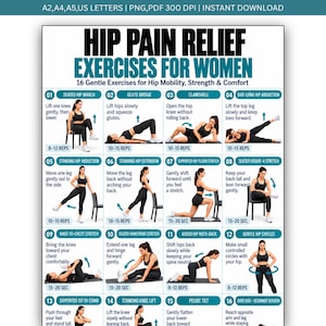 May include: A digital poster titled HIP PAIN RELIEF EXERCISES FOR WOMEN featuring 16 numbered instructional panels. Each panel displays a person in black athletic wear performing a specific movement for hip mobility, strength, and comfort.