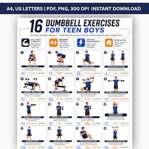 Dumbbell Workout for Teen Boys Printable PDF | 16 Full Body Strength Exercises | Teen Gym Workout Poster | Home Fitness Chart | A4 US Letter