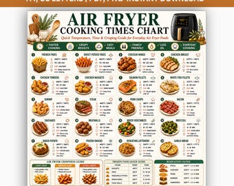 エアフライヤー調理時間表（印刷可能）エアフライヤー早見表（PDF）食品温度ガイドキッチン参考ポスターキッチン調理ガイド