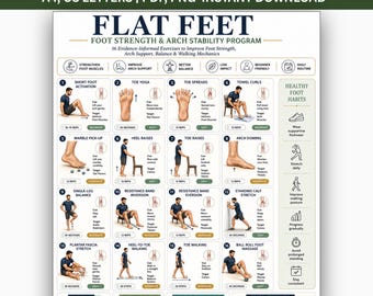Flat Feet Exercises Printable PDF, Foot Arch Strength Exercises, Foot & Ankle Stability Workout, Arch Support and Plantar Fasciitis Guide