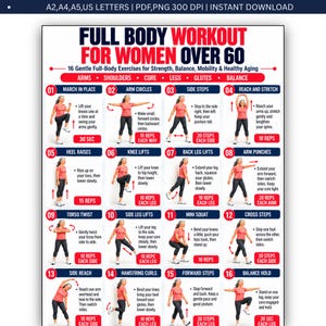 Op de afbeelding: Een wit informatieposter getiteld Full Body Workout for Women Over 60, met 16 genummerde oefenillustraties met rode en zwarte tekstinstructies voor kracht, balans en mobiliteit, inclusief arm-, romp- en beenbewegingen.