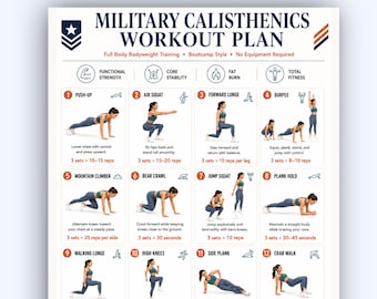 Plan de entrenamiento de calistenia militar imprimible, póster de entrenamiento de cuerpo completo con peso corporal de 28 días, estilo bootcamp, sin equipo, PDF de entrenamiento