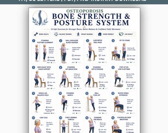 Osteoporose-oefeningen voor senioren Afdrukbare pdf, botsterktetraining, gewichtdragende balans houding oefeningsgids Gezond ouder worden