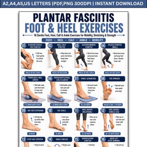 Op de afbeelding: Een digitale instructieposter getiteld Plantar Fasciitis Foot & Heel Exercises met 16 genummerde diagrammen met tekstinstructies voor het rekken en versterken van de voet, hiel, kuit en enkel, beschikbaar in A2, A4, A5 en US Letter formaten.
