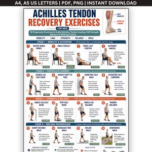 May include: A digital poster titled Achilles Tendon Recovery Exercises for Men, featuring 16 numbered instructional diagrams for ankle mobility, loading, strength, balance, and walking. Includes anatomical illustrations and text for A4, A5, and US Letter sizes.