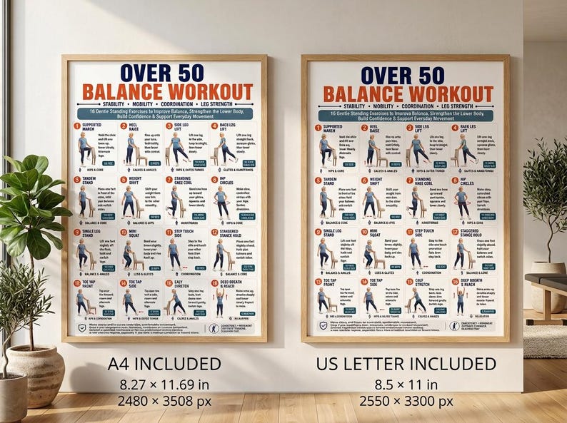 Pode incluir: Dois cartazes brancos id&ecirc;nticos intitulados OVER 50 BALANCE WORKOUT com texto em laranja e azul. Cada cartaz exibe 16 ilustra&ccedil;&otilde;es de exerc&iacute;cios numeradas com instru&ccedil;&otilde;es. O cartaz da esquerda &eacute; A4 e o da direita &eacute; tamanho US Letter.