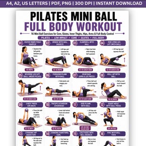Può includere: Un poster di allenamento total body con mini palla da Pilates che illustra 16 esercizi numerati con accenti viola. Include istruzioni testuali per core, glutei e cosce, ed è disponibile nei formati A4 e A2 per il download immediato.