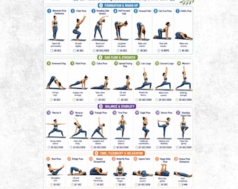 Yoga Poses for Beginners Printable PDF | Daily Asanas Routine | Flexibility & Balance Workout Chart | Stress Relief | Home Yoga Guide