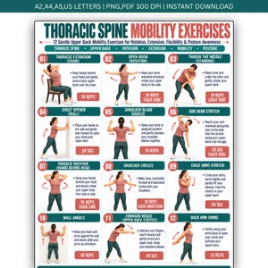 May include: A digital poster titled Thoracic Spine Mobility Exercises featuring 12 numbered illustrations of a person performing upper back stretches. The chart includes text instructions, repetition counts, and time durations for each movement.