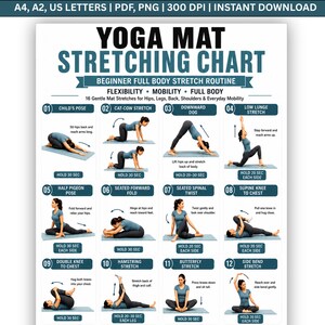 Può includere: Un poster con tabella di stretching per tappetino yoga che presenta 12 illustrazioni di esercizi numerate con istruzioni testuali per una routine completa. Il documento include i titoli Yoga Mat Stretching Chart e 16 Gentle Mat Stretches.