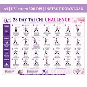 Op de afbeelding: Een 28-daagse Tai Chi uitdagingskaart met 28 genummerde illustraties van een persoon die verschillende bewegingen uitvoert. Het document bevat tekstkoppen, wekelijkse doelen, dagelijkse oefentips, voordelen en een voortgangstracker in paars en wit.