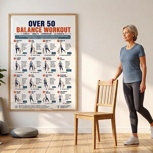 Pode incluir: Um cartaz de parede emoldurado intitulado Over 50 Balance Workout apresentando 16 ilustra&ccedil;&otilde;es de exerc&iacute;cios numeradas com instru&ccedil;&otilde;es de texto para estabilidade, mobilidade, coordena&ccedil;&atilde;o e for&ccedil;a das pernas, em uma sala com cadeira.