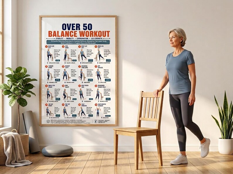 Pode incluir: Um cartaz de parede emoldurado intitulado Over 50 Balance Workout apresentando 16 ilustra&ccedil;&otilde;es de exerc&iacute;cios numeradas com instru&ccedil;&otilde;es de texto para estabilidade, mobilidade, coordena&ccedil;&atilde;o e for&ccedil;a das pernas, em uma sala com cadeira.