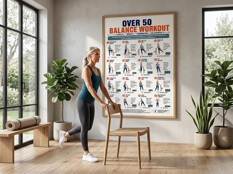 Pode incluir: Um cartaz de parede intitulado OVER 50 BALANCE WORKOUT apresentando 16 diagramas de exerc&iacute;cios ilustrados com instru&ccedil;&otilde;es de texto para estabilidade, mobilidade, coordena&ccedil;&atilde;o e for&ccedil;a das pernas, com fundo branco e texto azul e laranja.