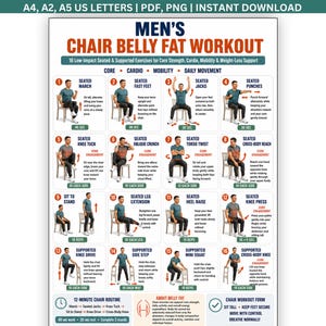 Puede incluir: Un gráfico de entrenamiento digital titulado CHAIR BELLY FAT WORKOUT con 16 ilustraciones numeradas de ejercicios sentados. El póster incluye instrucciones de texto para core, cardio y movilidad, con etiquetas para A4, A2, A5, PDF y PNG.