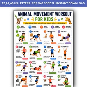 Puede incluir: Un póster blanco titulado ANIMAL MOVEMENT WORKOUT FOR KIDS con 16 paneles de ejercicios numerados. Cada panel muestra una ilustración de un animal, el nombre del movimiento, un niño realizando la acción y una duración en segundos.