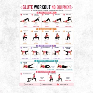 Può includere: Un poster didattico bianco intitolato Glute Workout No Equipment con 20 illustrazioni di esercizi numerati. Ogni sezione mostra una persona in abbigliamento sportivo rosa e nero che esegue movimenti con istruzioni testuali e ripetizioni.