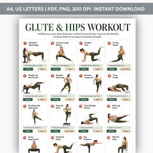 Peut inclure: Un tableau d'exercices intitulé GLUTE & HIPS WORKOUT présentant 16 illustrations numérotées. Chaque section comprend le nom de l'exercice, une démonstration visuelle, des instructions, le nombre de répétitions et les groupes musculaires ciblés.