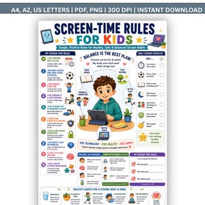 Screen Time Chart for Kids Printable, Daily Screen Time Schedule & Rules, Healthy Habits Routine, Kids Checklist, Family Planner PDF Guide
