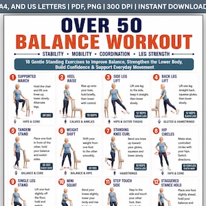 Pode incluir: Um cartaz de treino digital intitulado Over 50 Balance Workout com 16 exerc&iacute;cios ilustrados em p&eacute;. O cartaz inclui instru&ccedil;&otilde;es para movimentos como marcha apoiada, eleva&ccedil;&atilde;o de calcanhares e eleva&ccedil;&atilde;o lateral de perna com texto explicativo.