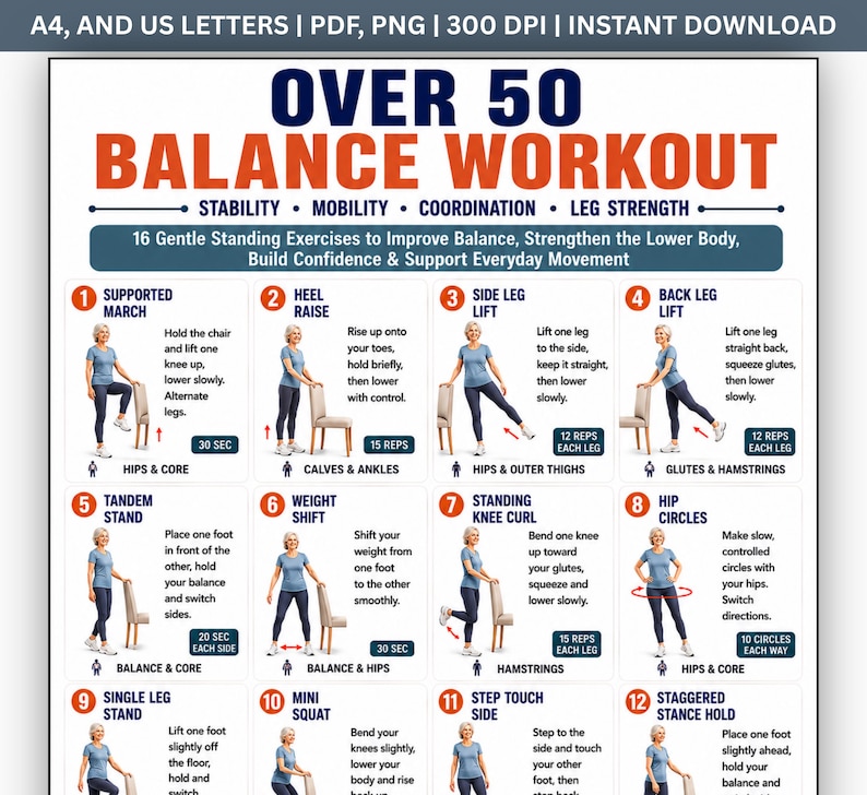 Pode incluir: Um cartaz de treino digital intitulado Over 50 Balance Workout com 16 exerc&iacute;cios ilustrados em p&eacute;. O cartaz inclui instru&ccedil;&otilde;es para movimentos como marcha apoiada, eleva&ccedil;&atilde;o de calcanhares e eleva&ccedil;&atilde;o lateral de perna com texto explicativo.