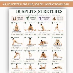 May include: A digital chart titled 16 SPLITS STRETCHES featuring sixteen numbered yoga poses for leg flexibility. Each section includes an illustration of a person performing a stretch, descriptive text, duration, target muscle groups, and difficulty level.