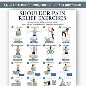 May include: A digital instructional chart titled Shoulder Pain Relief Exercises featuring 16 numbered illustrations of a person demonstrating movements to improve mobility. The white poster includes text descriptions and repetition counts for each exercise.