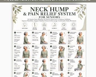 Over 50 Neck Hump Correction For Senior Printable | Posture Exercise Guide PDF | Upper Back Mobility Routine | Tech Neck Stretch Chart