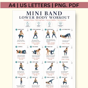Puede incluir: Un póster informativo blanco titulado Mini Band Lower Body Workout que presenta dieciséis ilustraciones de ejercicios numeradas con instrucciones de texto, conteo de repeticiones e iconos para fuerza de glúteos, estabilidad y quema de grasa.