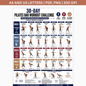 30 Day Pilates Bar Workout Challenge | Full Body Sculpting Plan for Strength, Core and Flexibility | Printable Home Workout PDF for Home Use