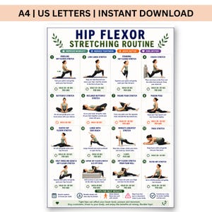 May include: A digital poster titled Hip Flexor Stretching Routine featuring sixteen numbered exercise illustrations. Each section includes a descriptive title, a visual of a person performing the stretch, and specific duration instructions in seconds.