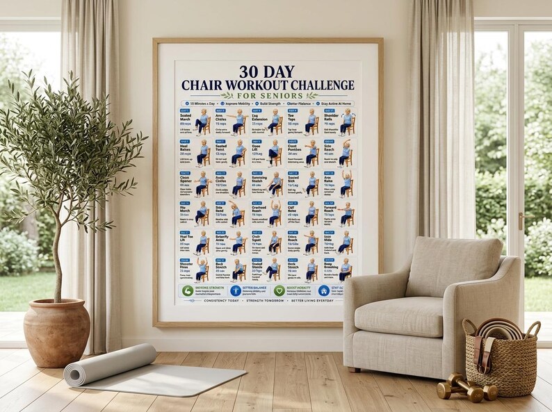 Puede incluir: Un p&oacute;ster enmarcado titulado 30 Day Chair Workout Challenge for Seniors que presenta una cuadr&iacute;cula de ilustraciones que muestran varios ejercicios sentados. El texto incluye objetivos diarios de movimiento, nombres de ejercicios y repeticiones.