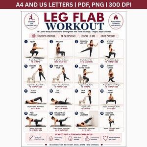 Puede incluir: Una tabla de ejercicios titulada LEG FLAB WORKOUT que muestra 16 ejercicios numerados para la parte inferior del cuerpo con ilustraciones de una persona realizando cada movimiento. Incluye texto sobre repeticiones y beneficios, en A4 y US Letter.