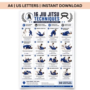 Peut inclure: Une affiche pédagogique blanche intitulée 16 Jiu Jitsu Techniques avec du texte bleu et noir. Elle présente seize schémas numérotés montrant deux personnages en uniformes bleu et blanc effectuant des mouvements comme le pont, la clé de bras et la monte.