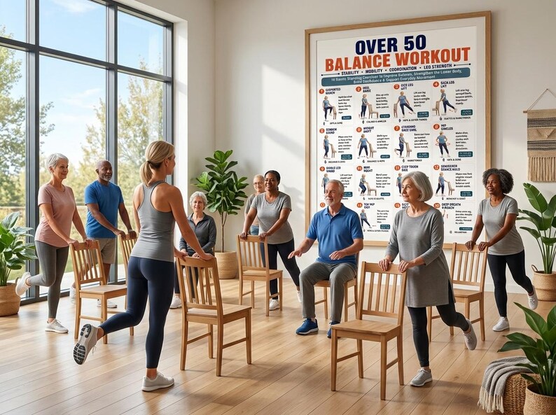 Pode incluir: Um grande cartaz de parede intitulado OVER 50 BALANCE WORKOUT apresentando 16 exerc&iacute;cios em p&eacute; ilustrados com instru&ccedil;&otilde;es de texto. O cartaz &eacute; exibido em uma sala onde v&aacute;rias pessoas realizam movimentos de equil&iacute;brio usando cadeiras de madeira.