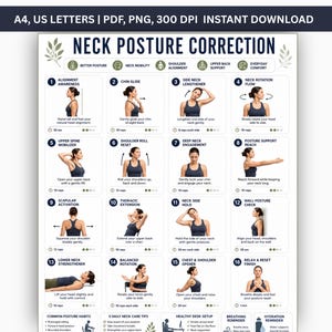 May include: A digital poster titled Neck Posture Correction featuring sixteen numbered exercise illustrations. Each section includes a descriptive title, a visual demonstration of a person performing the movement, and text instructions for daily neck care.