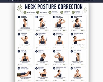Posture Correction Exercises Printable PDF, Tech Neck & Rounded Shoulders Workout, Neck Hump Relief, Upper Back Stretch Chart