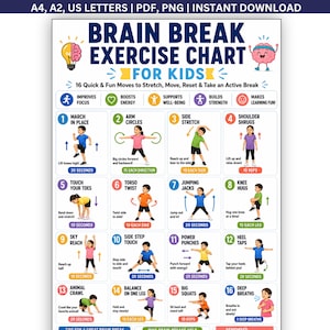 Op de afbeelding: Een digitale Brain Break Exercise Chart voor kinderen met 16 geïllustreerde fysieke activiteiten en instructies. De poster bevat tekst zoals A4, A2, US LETTERS, PDF, PNG, INSTANT DOWNLOAD en somt oefeningen op zoals March in Place en Big Squats.
