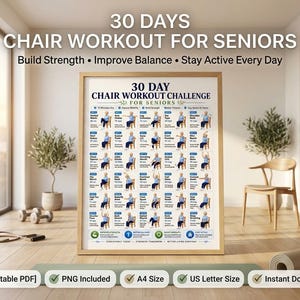 Puede incluir: Un p&oacute;ster enmarcado titulado 30 Day Chair Workout Challenge for Seniors, que presenta una cuadr&iacute;cula de ilustraciones que muestran varios ejercicios sentados, con instrucciones de texto para cada movimiento, sobre un fondo blanco con marco de madera clara.