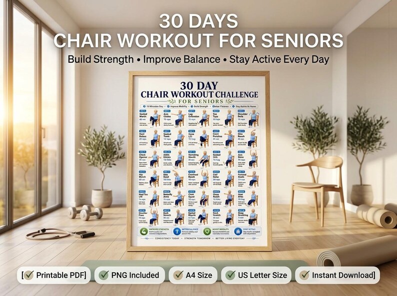 Puede incluir: Un p&oacute;ster enmarcado titulado 30 Day Chair Workout Challenge for Seniors, que presenta una cuadr&iacute;cula de ilustraciones que muestran varios ejercicios sentados, con instrucciones de texto para cada movimiento, sobre un fondo blanco con marco de madera clara.