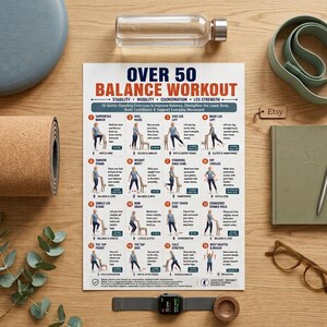 Pode incluir: Um cartaz instrutivo branco intitulado OVER 50 BALANCE WORKOUT com dezasseis ilustra&ccedil;&otilde;es numeradas de exerc&iacute;cios suaves em p&eacute;. O gr&aacute;fico inclui descri&ccedil;&otilde;es de texto para estabilidade, mobilidade, coordena&ccedil;&atilde;o e treino de for&ccedil;a das pernas.